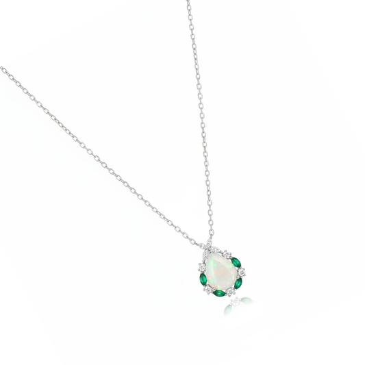 💎 Elegant Opal Pendant Necklace | 14K White Gold | Moissanite Diamond Accents