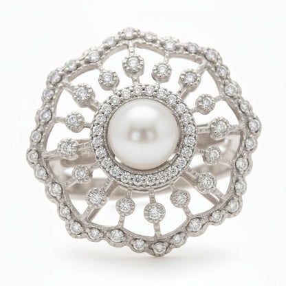 ✨ Premium 925 Silver Pearl Ring with 1.5 Ct Side Diamonds | DEF VVS–VS Quality