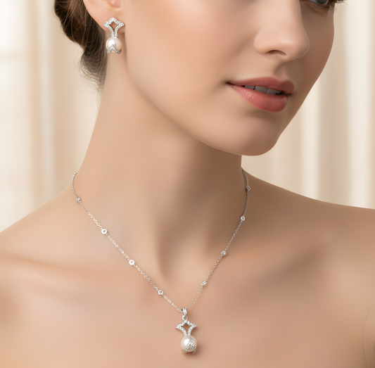 ✨ 925 Sterling Silver Pearl Pendant & Earrings Set with Lab-Grown Diamonds