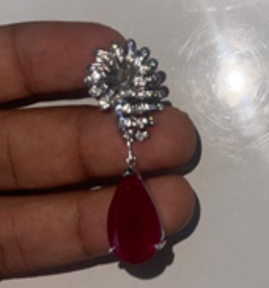 Red SYN Stone Earrings in 925 Silver with 1.1 Ct CVD Diamond Detail