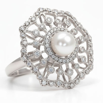 ✨ Premium 925 Silver Pearl Ring with 1.5 Ct Side Diamonds | DEF VVS–VS Quality