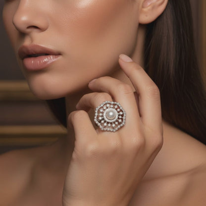 ✨ Premium 925 Silver Pearl Ring with 1.5 Ct Side Diamonds | DEF VVS–VS Quality